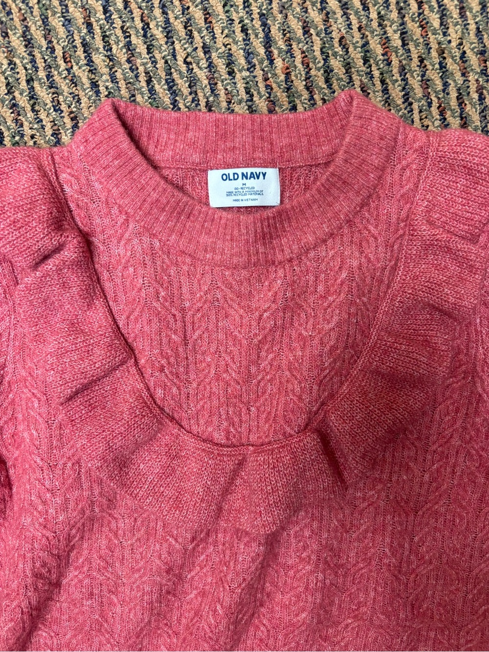 Old Navy Pink/Red Cable-Knit Ruffle Crewneck Sweater